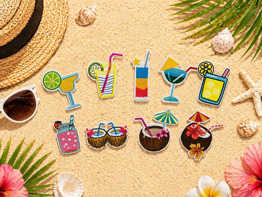 Embroidered Cocktail Drink Patches, Summer Beach Vacation Hat Appliques (Iron-On)