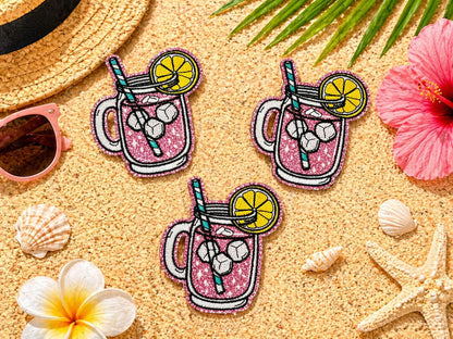 Embroidered Mason Jar Drink Patch, Summer Beach Vacation Hat Accessory (Iron-On)