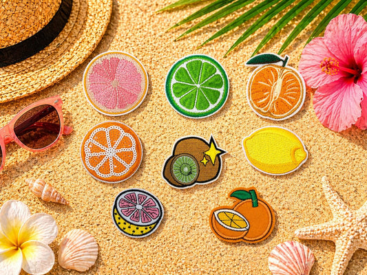 Embroidered Fruit Patch Set, 3 Inch Citrus, Strawberry, Lemon, Summer Beach Hat Applique