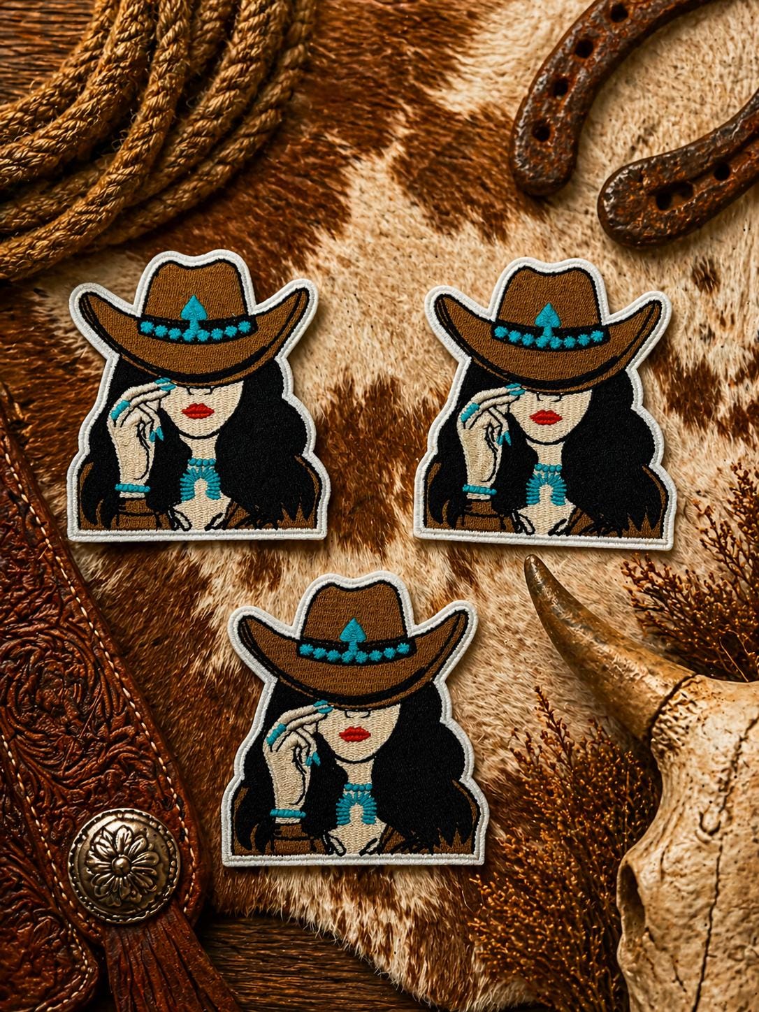 Embroidered Cowgirl Patch, Turquoise Western Boho Design, Iron-On Applique (3 Inch)