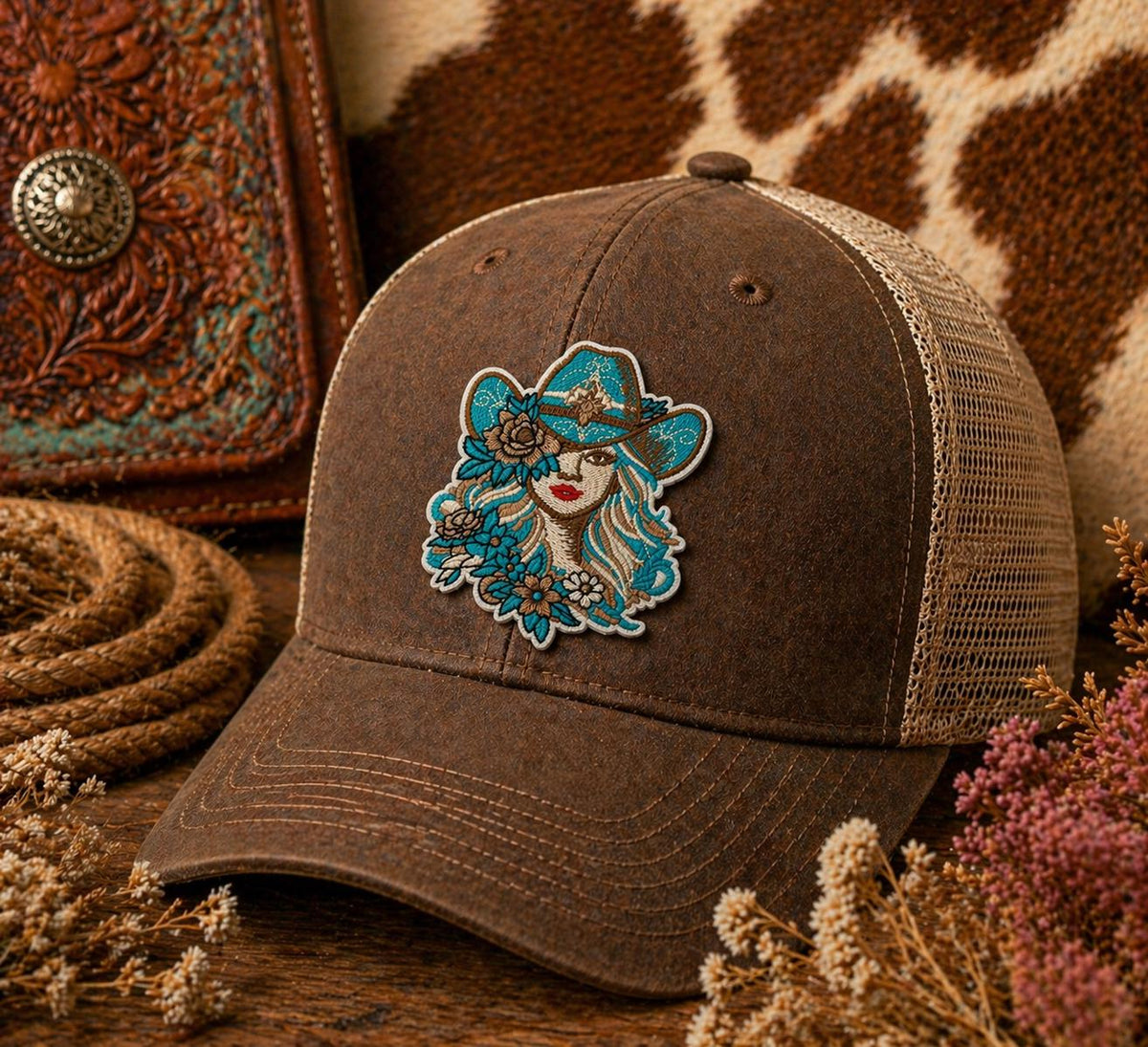 Embroidered Boho Cowgirl Patch, Floral Western Hat Applique, Iron-On Sew-On (3 Inch)
