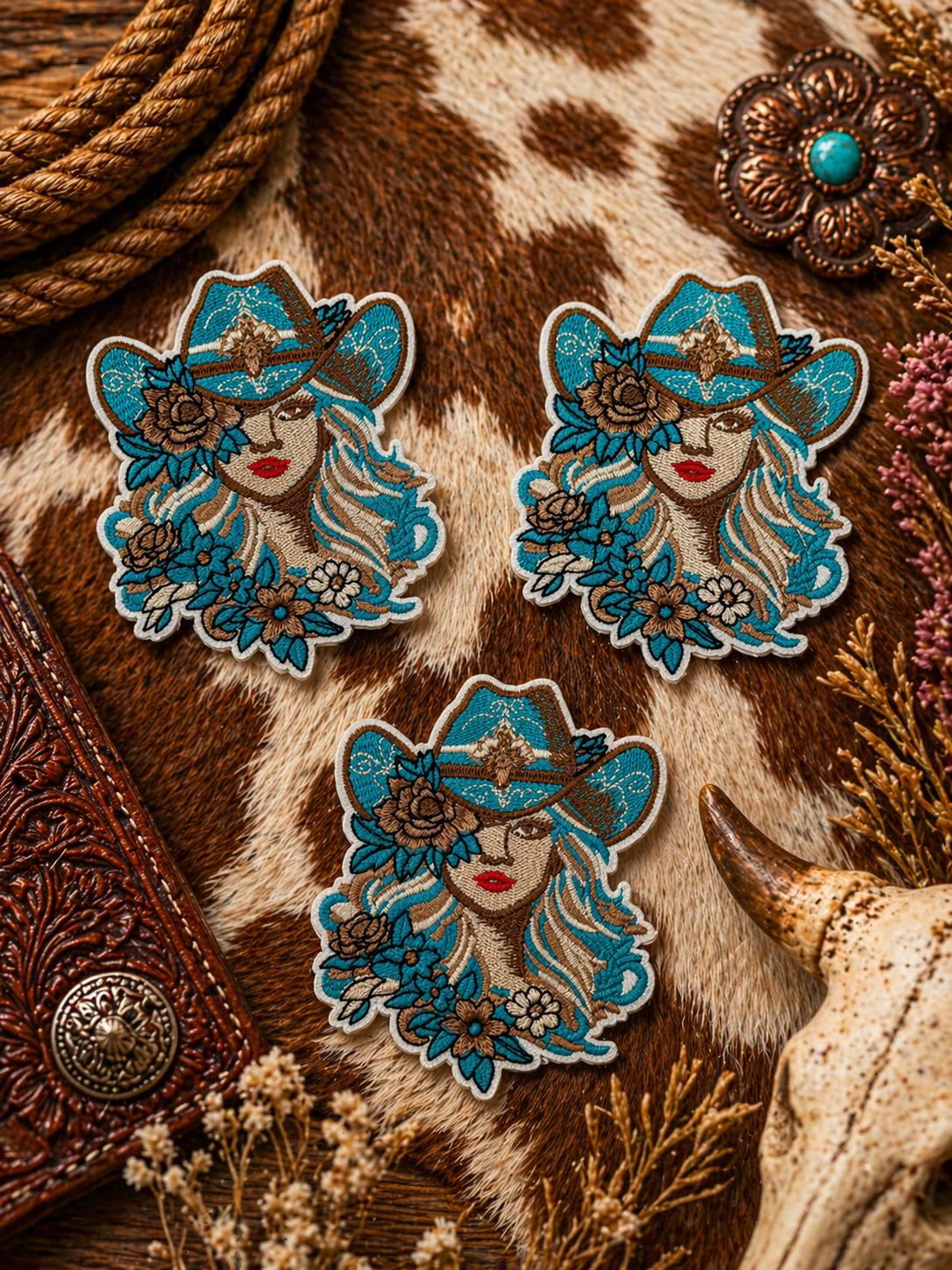 Embroidered Boho Cowgirl Patch, Floral Western Hat Applique, Iron-On Sew-On (3 Inch)