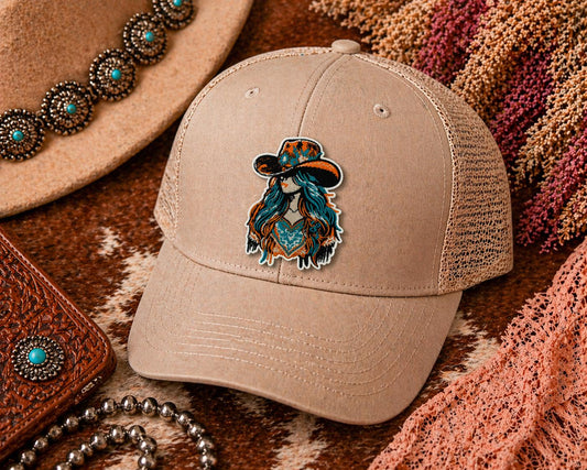 Boho Cowgirl Embroidered Patch, Turquoise Western Hat Applique, Iron-On Sew-On Badge