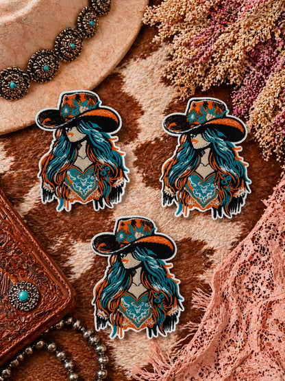 Boho Cowgirl Embroidered Patch, Turquoise Western Hat Applique, Iron-On Sew-On Badge