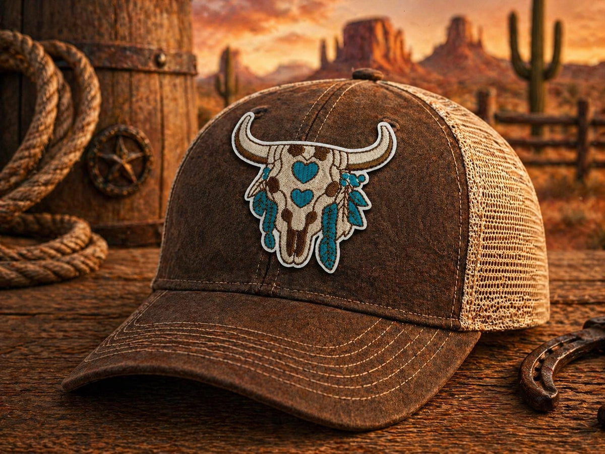 Embroidered Turquoise Cow Skull Patch, Western Boho Iron-On Applique (3 Inch)