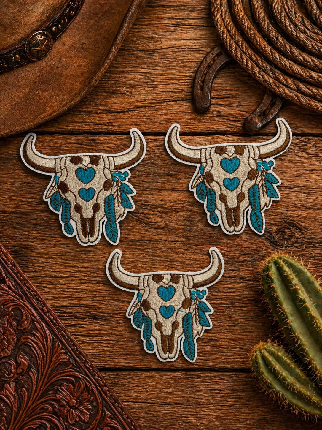 Embroidered Turquoise Cow Skull Patch, Western Boho Iron-On Applique (3 Inch)