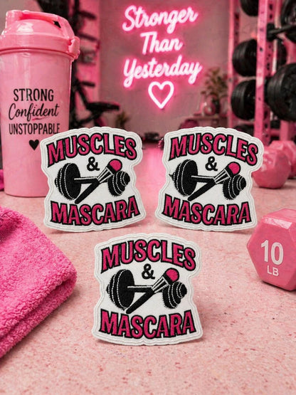 Muscles & Mascara Embroidered Patch, Fitness Weightlifting Hat Applique