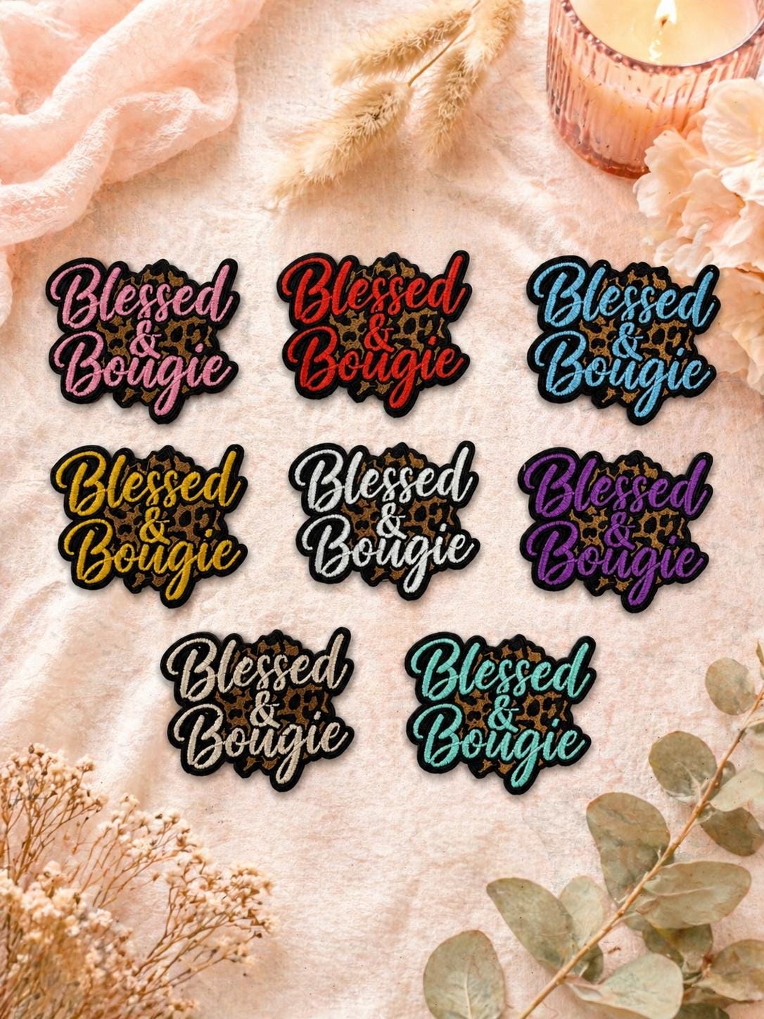 Blessed Bougie Leopard Print Patch, Embroidered Iron-On, Faith Lifestyle Apparel