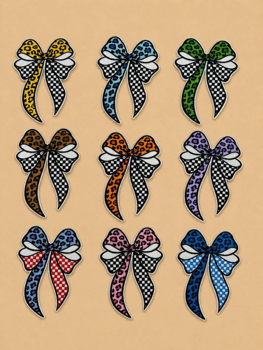 Embroidered Bow Patch, Leopard Checkered Iron-On, Western Hair Accessory
