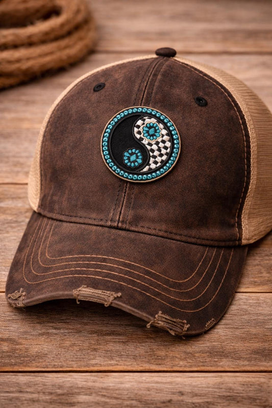 Western Yin Yang Embroidered Patch, Turquoise Boho Cowgirl Iron-On (3 Inch)
