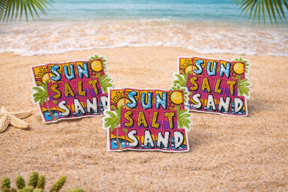 Sun Salt Sand Embroidered Patch, Beach Vacation Iron-On Hat Applique (3 Inch)