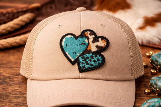 Embroidered Western Heart Patch, Cow Print Turquoise Leopard, Iron-On Hat Patch