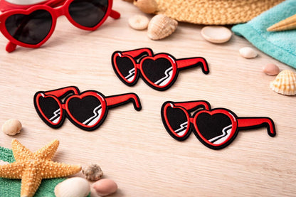 Heart Sunglasses Patch, Embroidered Summer Vacation Hat Patch (Iron-On)