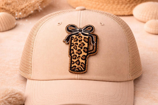 Leopard Tumbler Patch, Glitter Bow Iron-On Embroidered Patch, Western Cowgirl Cup Accessory