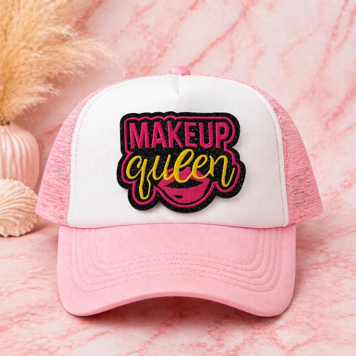 Makeup Queen Glitter Patch, Pink Girly Iron-On Hat Patch