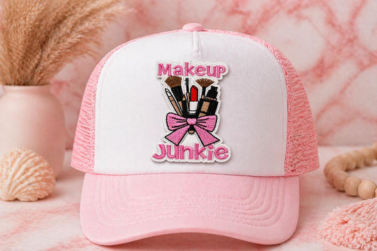 Embroidered Makeup Junkie Patch, Pink Girly Beauty Lover Iron-On Hat Patch