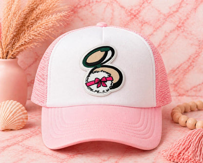Embroidered Makeup Compact Patch, Pink Girly Cosmetic Iron-On, 3 Inch Hat Patch