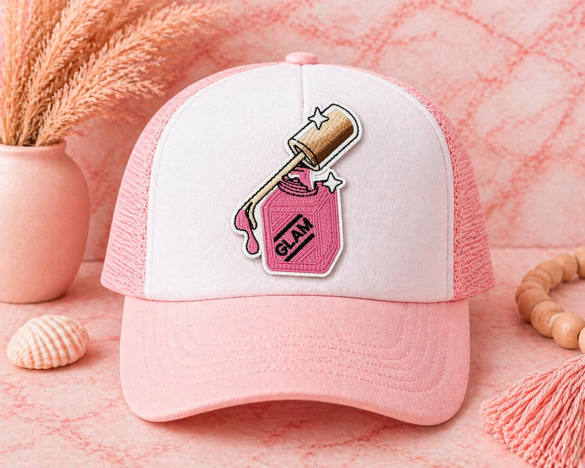 Embroidered Pink Nail Polish Glam Patch, Iron-On Hat Applique