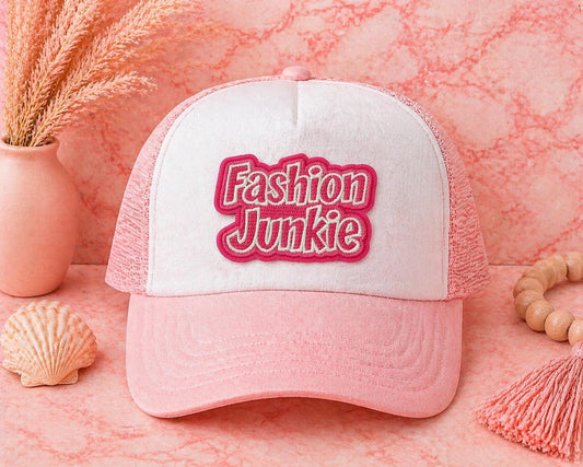 Fashion Junkie Embroidered Patch, Pink Girly Hat Patch, Iron-On Sew-On