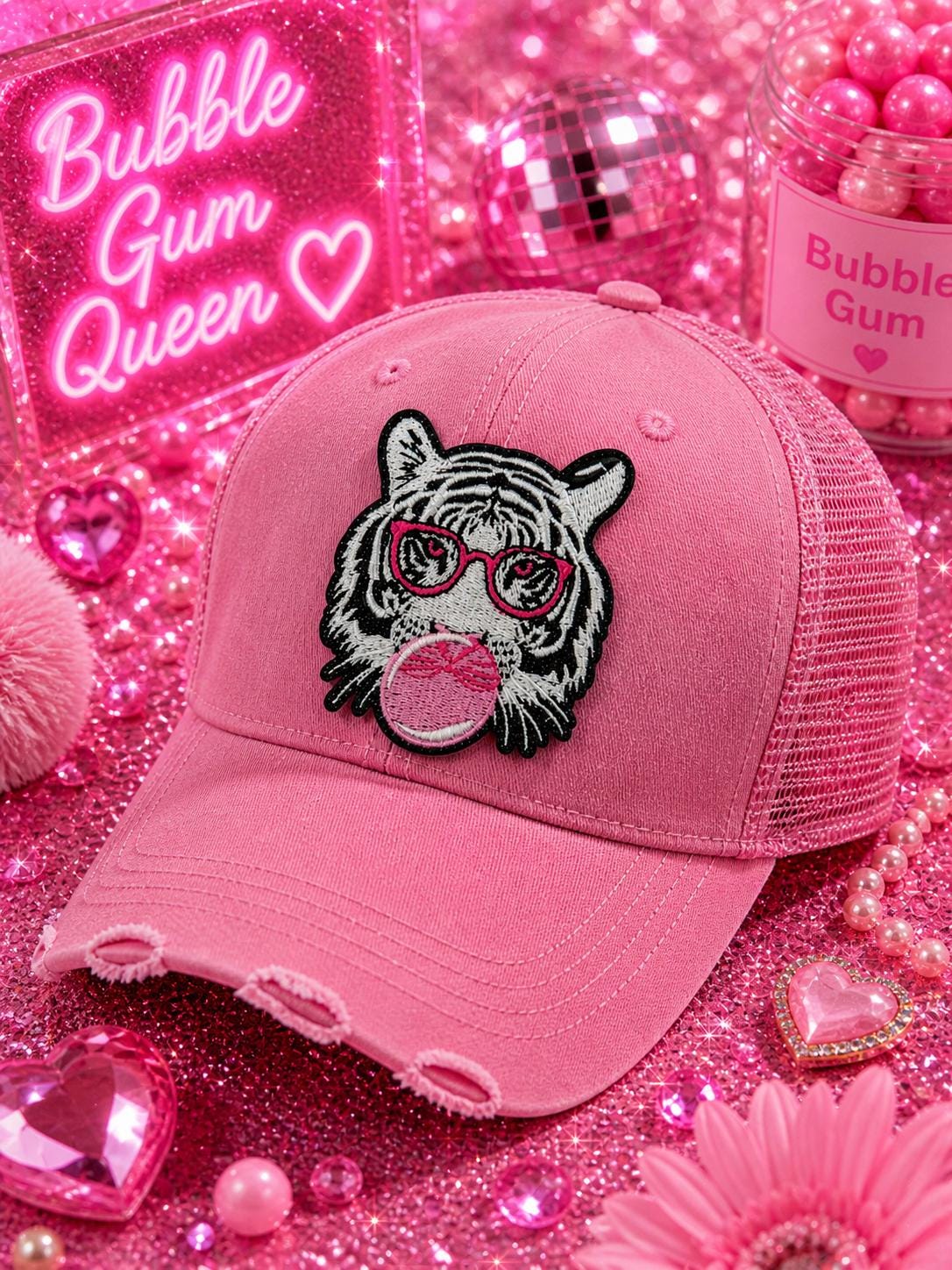 White Tiger Patch with Pink Glasses, Bubble Gum Embroidered Iron-On Hat Patch