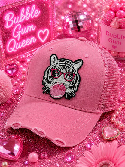 White Tiger Patch with Pink Glasses, Bubble Gum Embroidered Iron-On Hat Patch