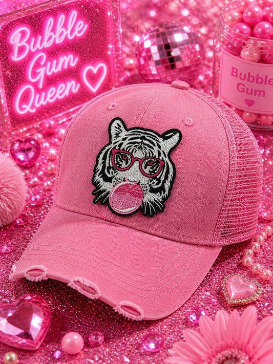 White Tiger Patch with Pink Glasses, Bubble Gum Embroidered Iron-On Hat Patch