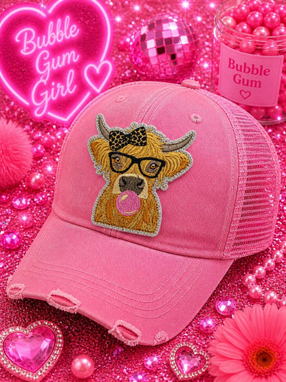 Embroidered Highland Cow Patch with Bow, Bubble Gum Girl Iron-On Applique (3 inches)