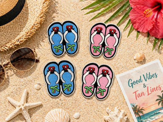 Embroidered Flip Flop Patch, Tropical Beach Hat Applique, Iron-On Sew-On Badge