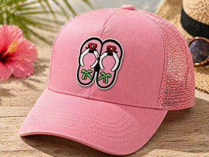 Embroidered Flip Flop Patch, Tropical Beach Hat Applique, Iron-On Sew-On Badge
