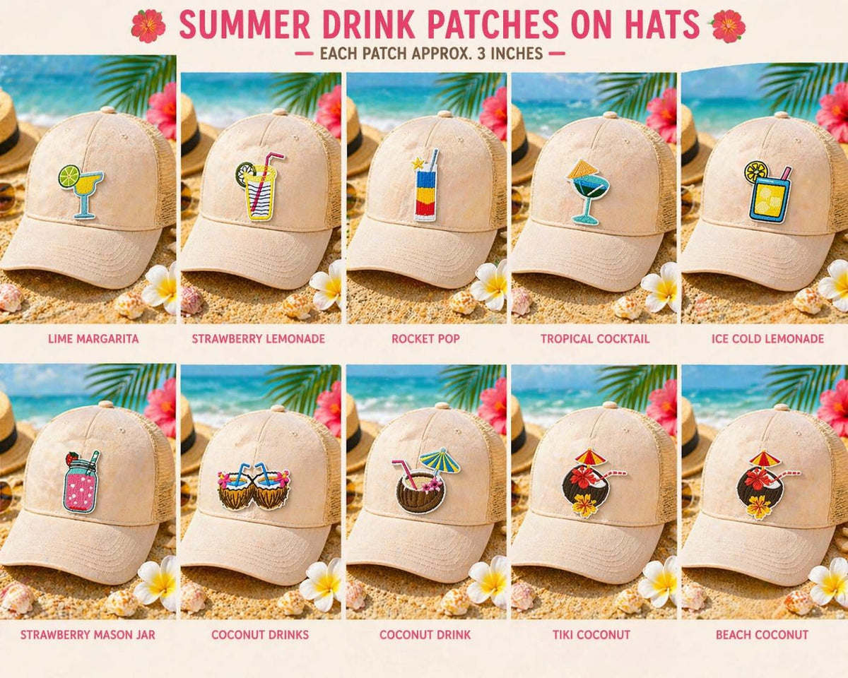 Embroidered Cocktail Drink Patches, Summer Beach Vacation Hat Appliques (Iron-On)