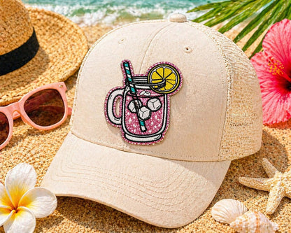 Embroidered Mason Jar Drink Patch, Summer Beach Vacation Hat Accessory (Iron-On)