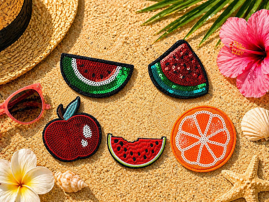 Sequin Fruit Patches, 3 Inch Summer Bundle, Watermelon Apple Orange, Beach Hat Appliques