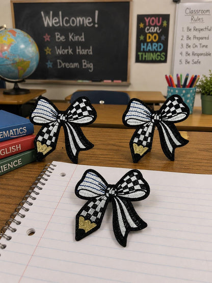 Checkered Bow Patch, Embroidered Iron-On Applique (3 Inch)