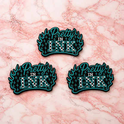 Embroidered Patch, Turquoise Flame, Tattoo Style, Turquoise Glitter Background