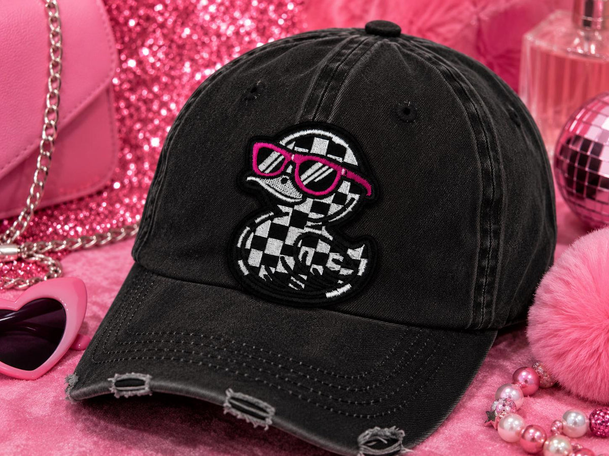 Checkered Duck Patch, Pink Sunglasses, Embroidered Iron-On Applique (3 Inch)