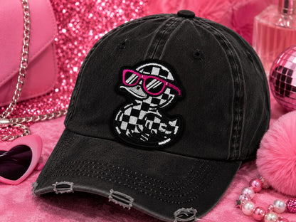 Checkered Duck Patch, Pink Sunglasses, Embroidered Iron-On Applique (3 Inch)