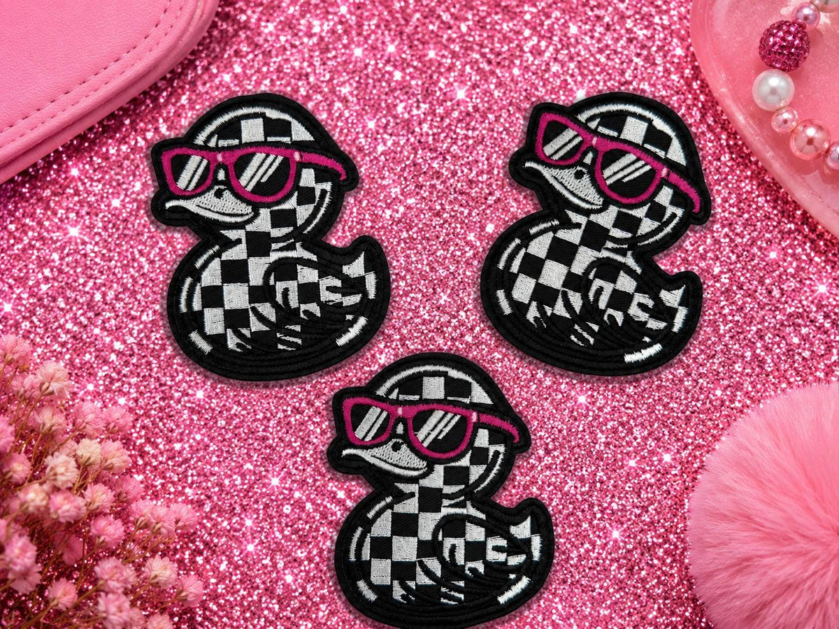 Checkered Duck Patch, Pink Sunglasses, Embroidered Iron-On Applique (3 Inch)