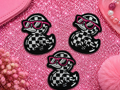 Checkered Duck Patch, Pink Sunglasses, Embroidered Iron-On Applique (3 Inch)