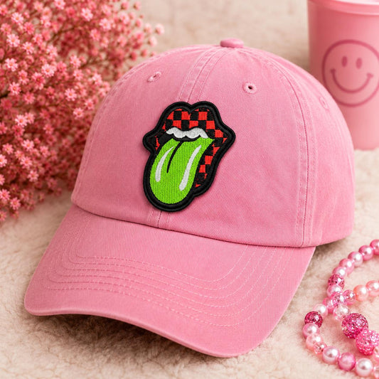 Checkered Tongue Patch, Embroidered Rocker Applique, Neon Edgy Iron-On (3 inches)