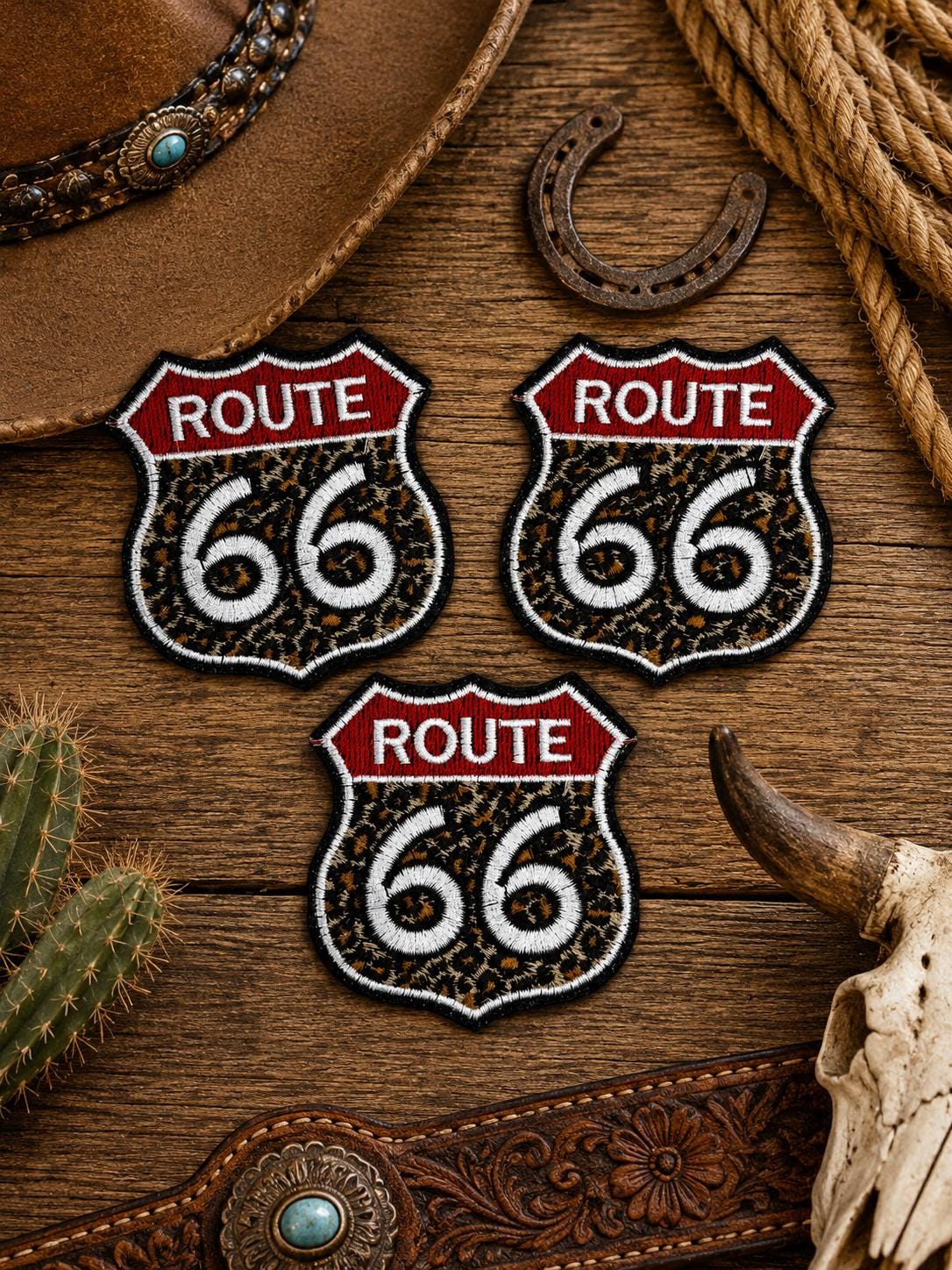 Leopard Route 66 Embroidered Iron-On Patch, Western Cowgirl Hat Applique