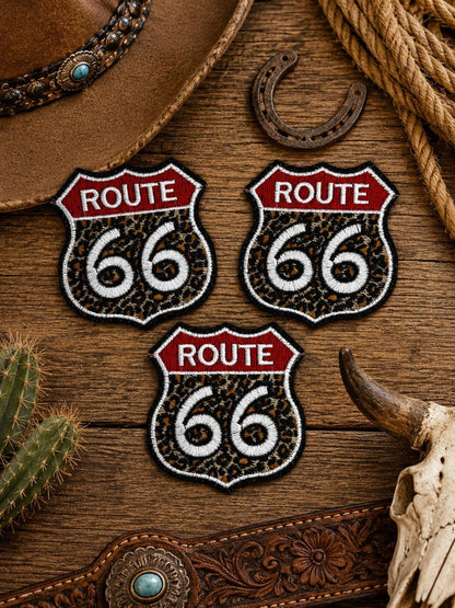 Leopard Route 66 Embroidered Iron-On Patch, Western Cowgirl Hat Applique