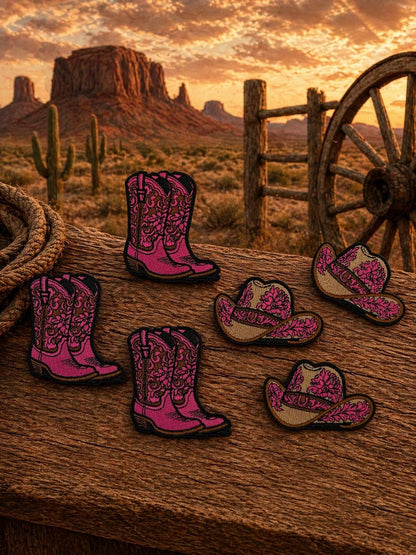 Pink Embroidered Cowboy Boot Patch, Western Iron-On Cowgirl Rodeo Hat Badge