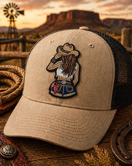 Embroidered Cowgirl Patch, Western Trucker Hat Applique, Iron-On Sew-On (3 Inch)