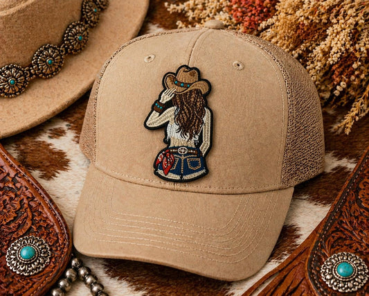 Embroidered Cowgirl Patch, Western Trucker Hat Applique, Iron-On Sew-On Badge