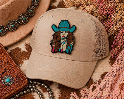 Boho Cowgirl Embroidered Patch, Western Trucker Hat Applique, Turquoise Style (3 Inch)