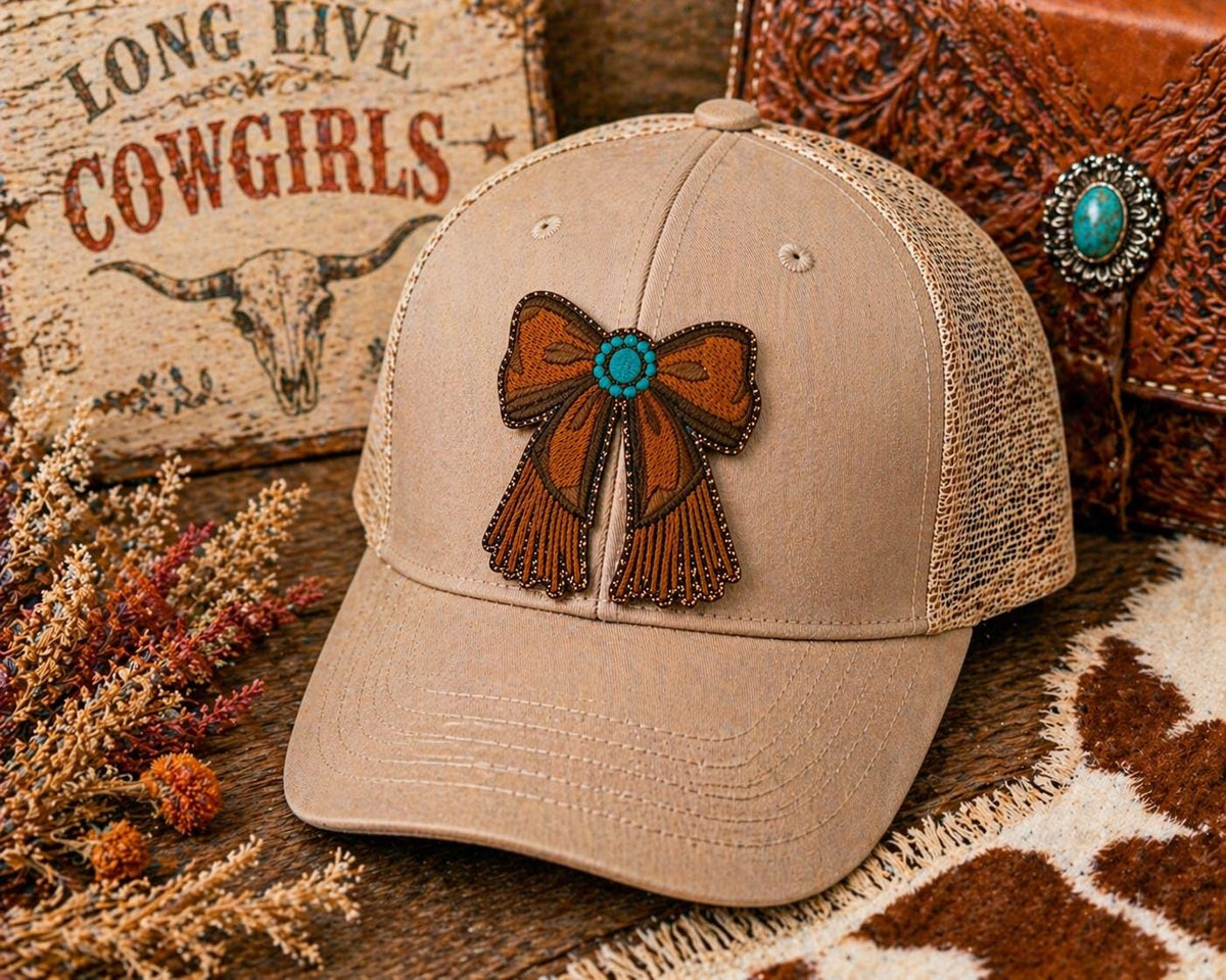 Western Bow Patch, Turquoise Concho Fringe, Embroidered Cowgirl Applique
