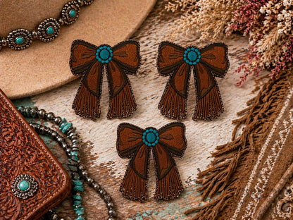 Western Bow Patch, Turquoise Concho Fringe, Embroidered Cowgirl Applique