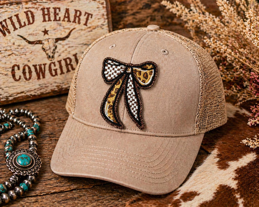 Western Bow Patch, Leopard Checkered Fringe Hat Patch, Cowgirl Embroidery Detail