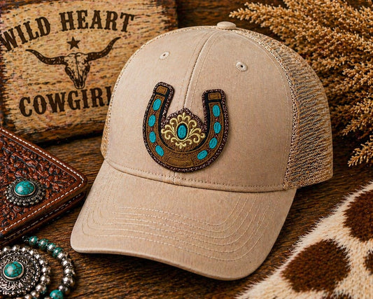 Embroidered Horseshoe Patch, Western Trucker Hat Applique, Lucky Cowgirl Iron-On (2.5 inches)