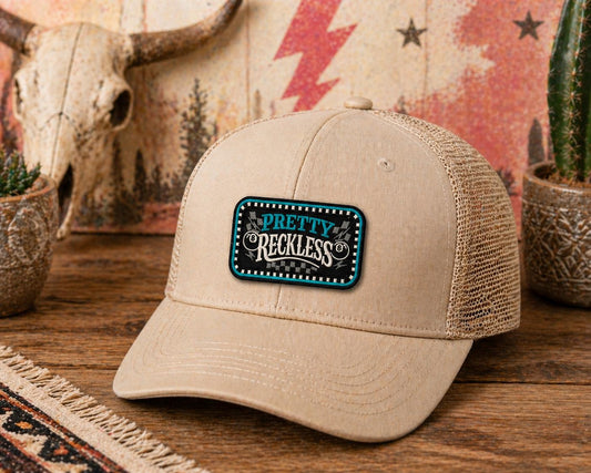 Pretty Reckless Embroidered Patch, Racing Checkered Flag, Edgy Western Trucker Style (3 Inch)